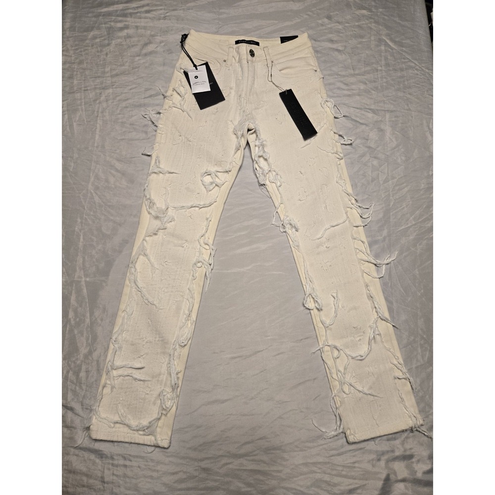 Embellish 28x32‎ Womens Jeans Cream Distressed Fringe NWT Designer Unique